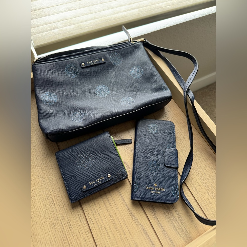 NWT Kate Spade New York Haven Lane Glitter Dot Crossbody Purse + Wallet, Navy